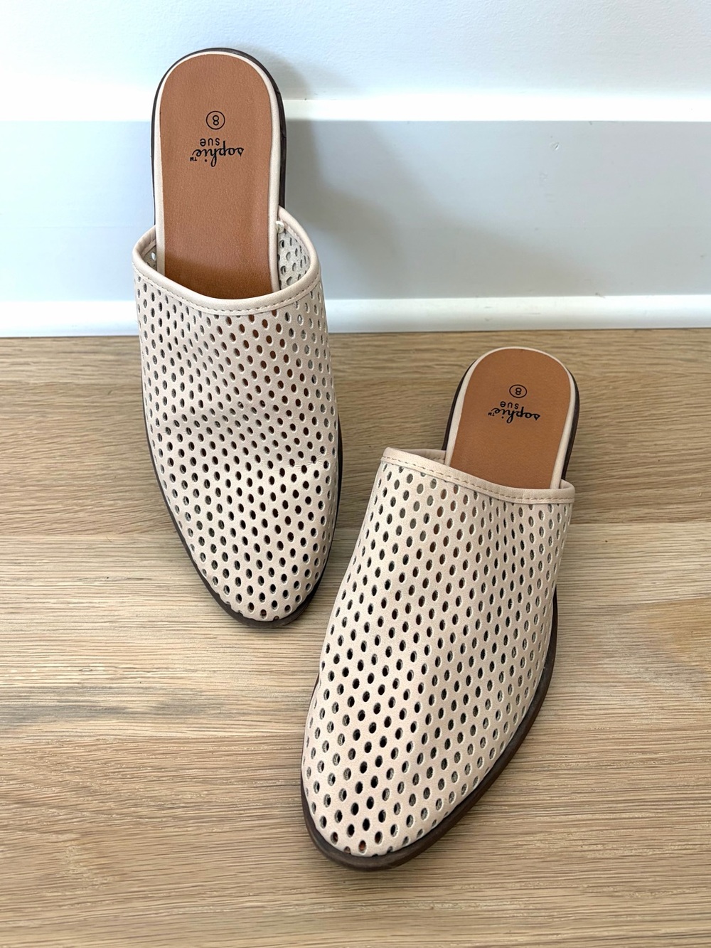 Laser cut Beige Slip-On Mules with Low heel 8